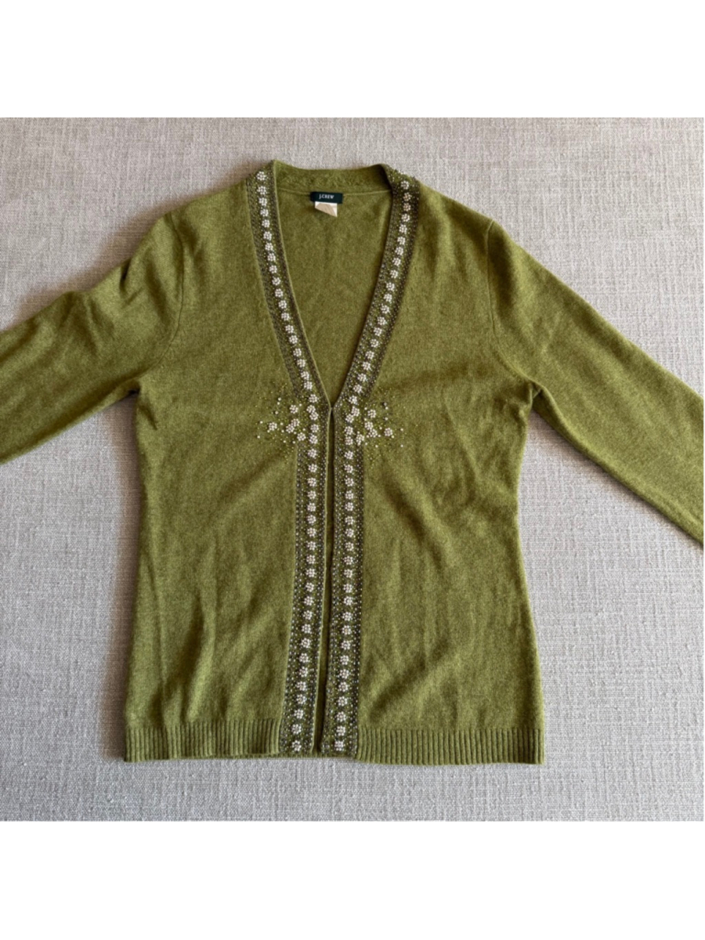 J.Crew wool angora cashmere green beaded cardigan sweater women’s medium - Picture 2 of 9